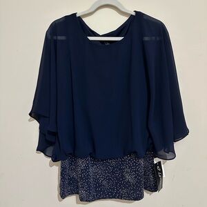 S. Levine Large Navy Chiffon Sheer Bell Sleeve Blouse Evening Cocktail